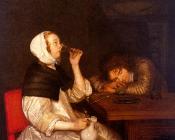 女人饮酒和睡着的士兵 - 杰拉德·特·博尔奇